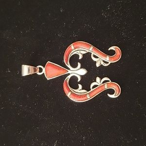 Santa Fe Style Enhanced Red Coral pendant in Sterling Silver. Note: Pendant only